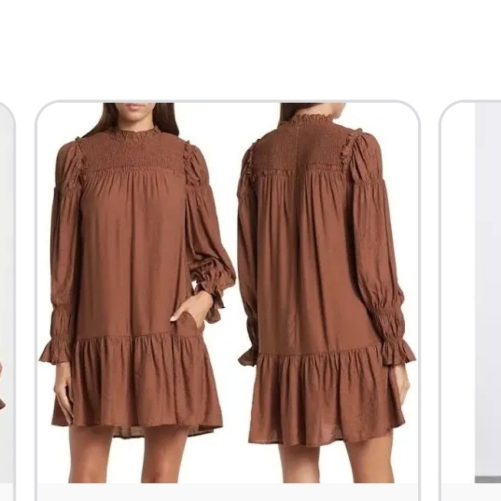 Moon River NWT Women's SZ M brown Smocked yoke, ruffle collar detailed